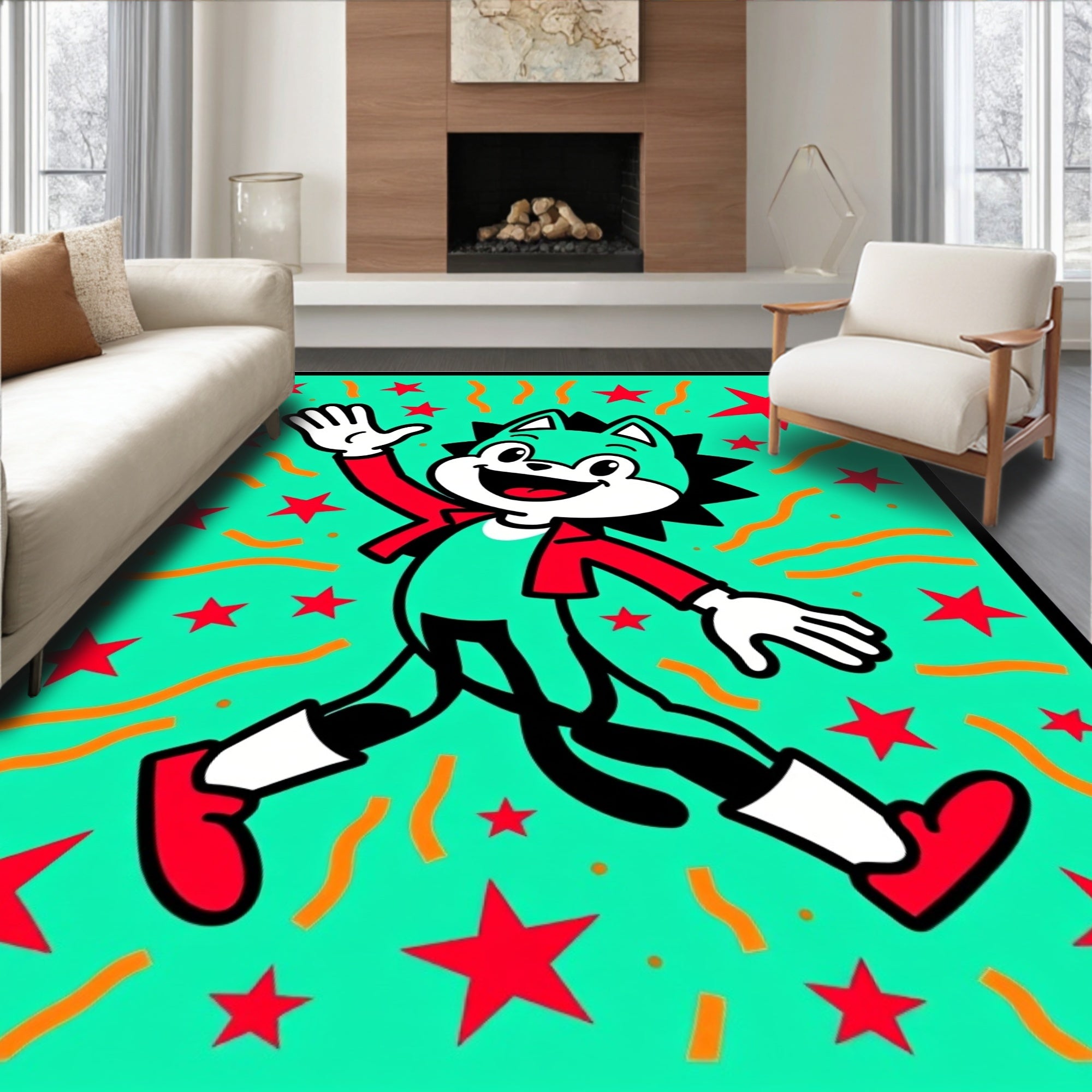 Retro Teal Starburst Cartoon Cat Rug