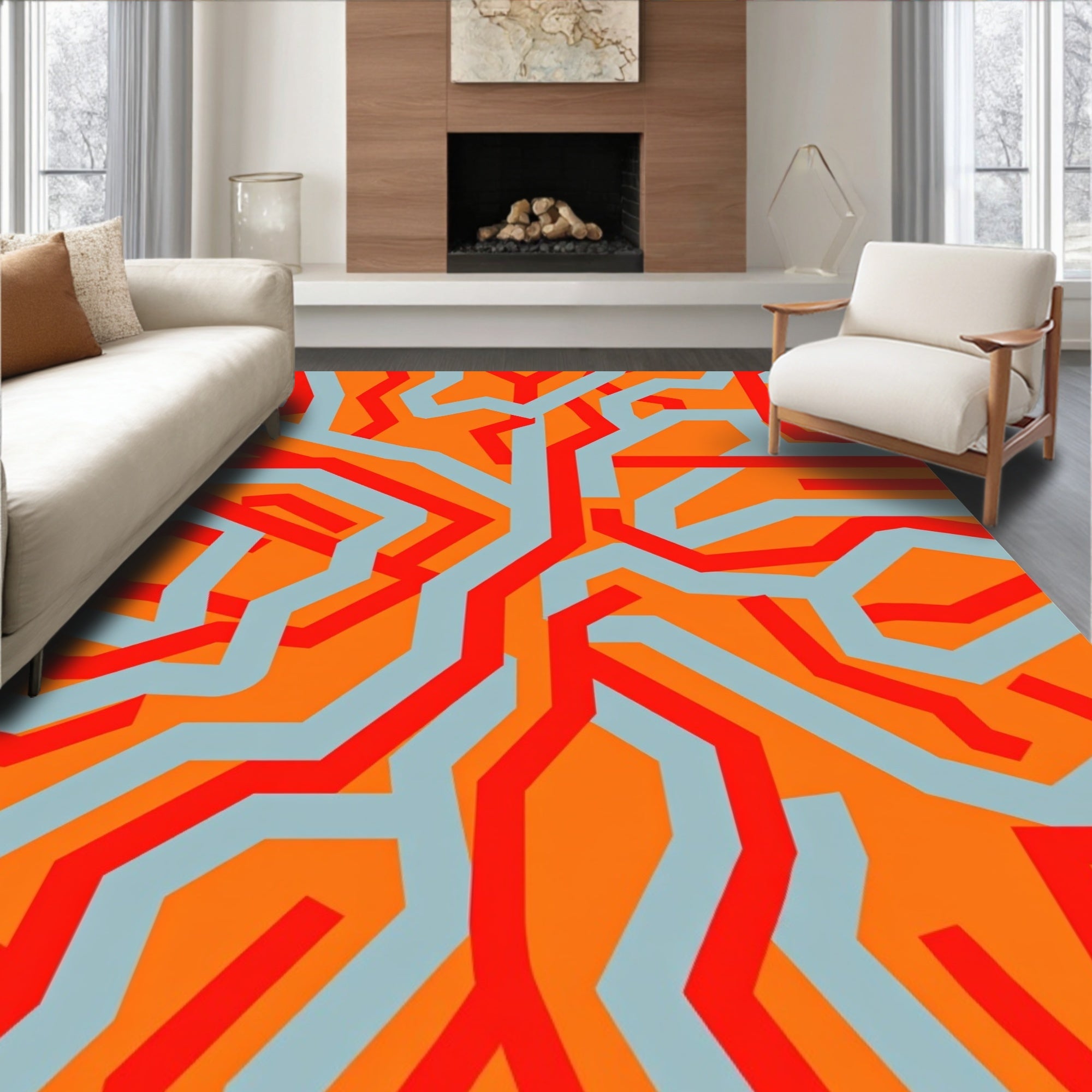 Red Blue Orange Abstract Circuit Rug