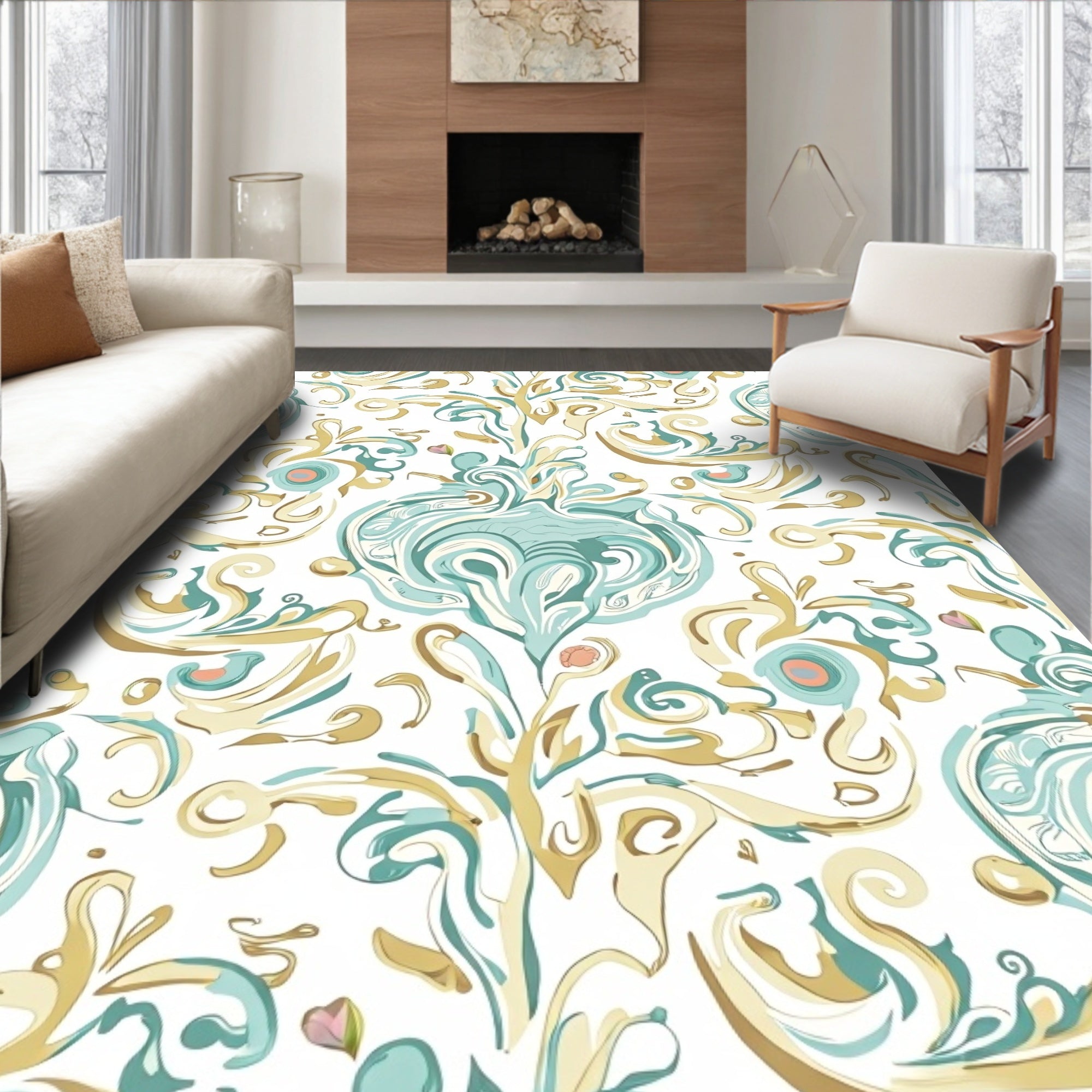 Soft Blue Gold Swirls Floral Medallions Rug