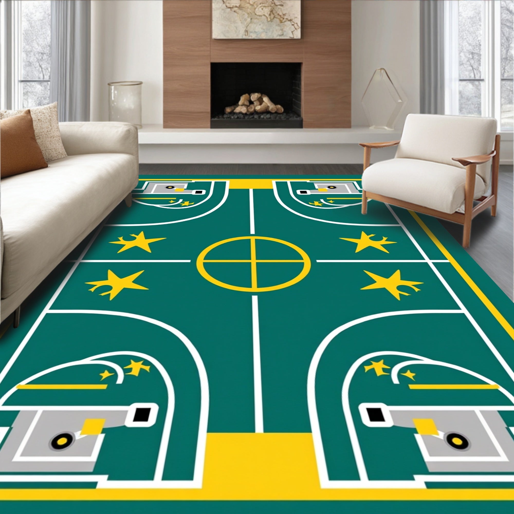 Teal Yellow Star Geometric Abstraction Rug