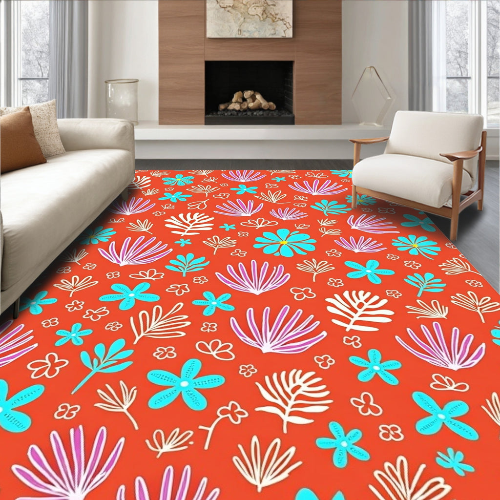 Coral With Turquoise And White Flora Rug