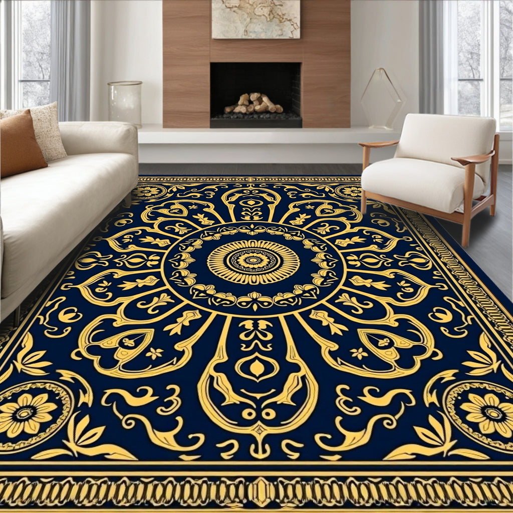 Deep Blue Golden Mandala Sunburst Rug
