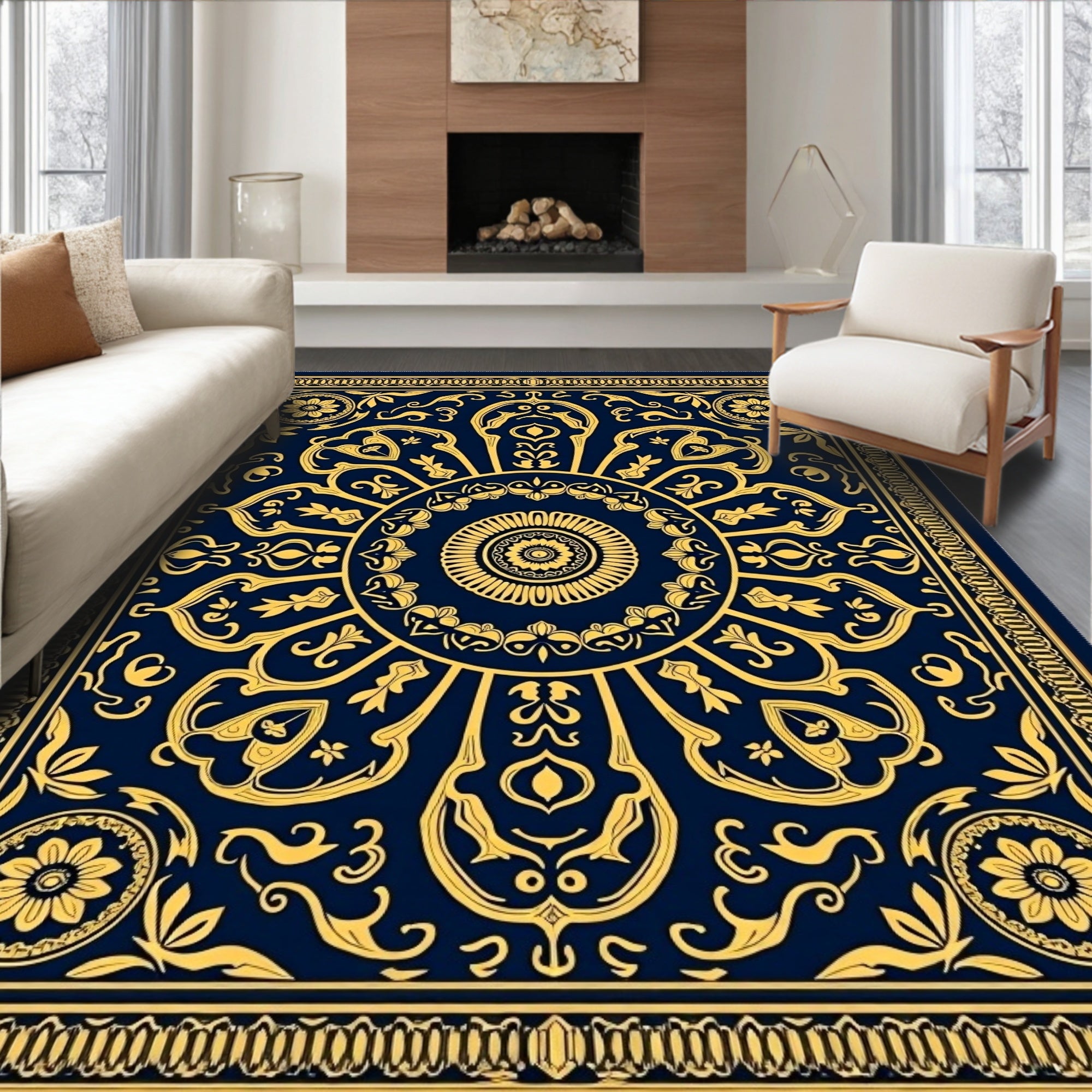 Deep Blue Golden Mandala Sunburst Rug