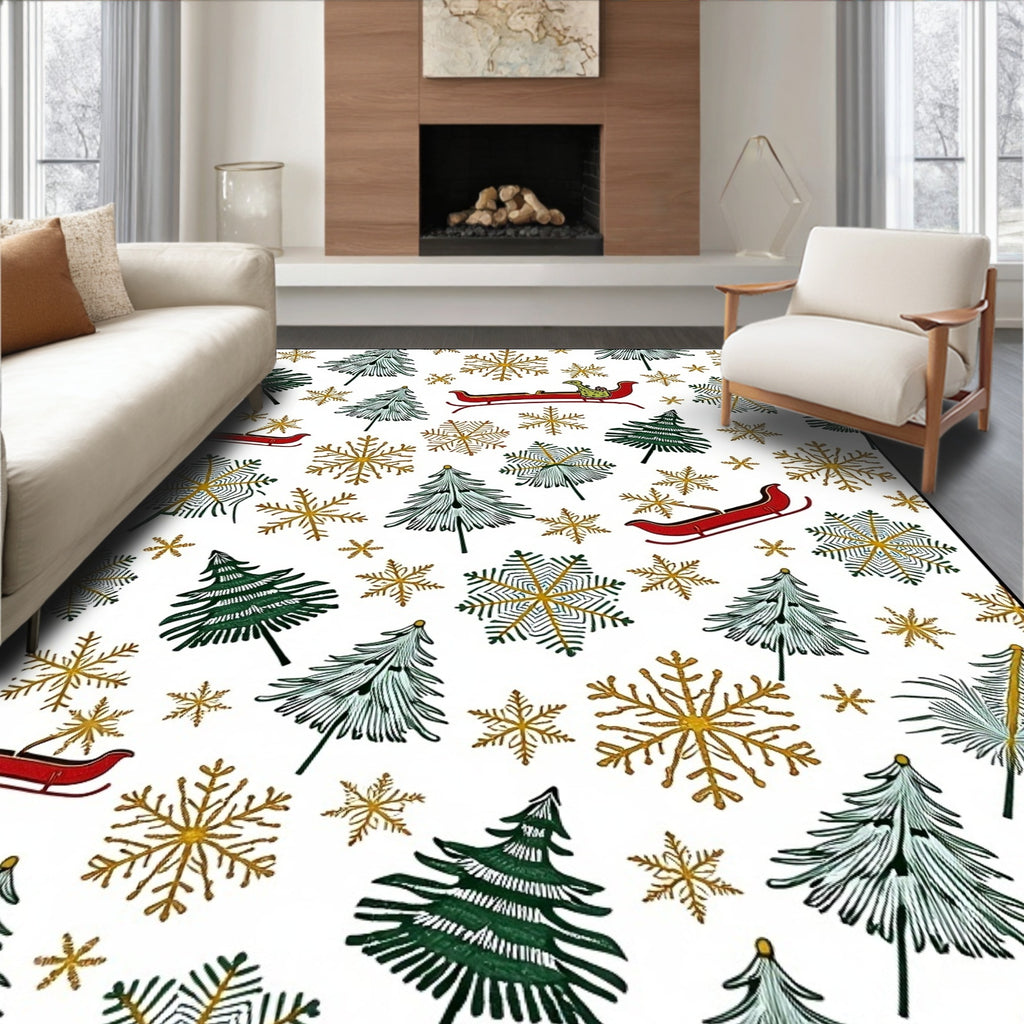 Festive Green Gold Sleigh Trees Rug