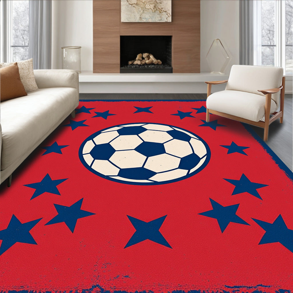 Red Blue Stars Soccer Ball Collage Rug