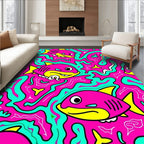 Doodle Fish Pink Aqua Yellow Art Rug