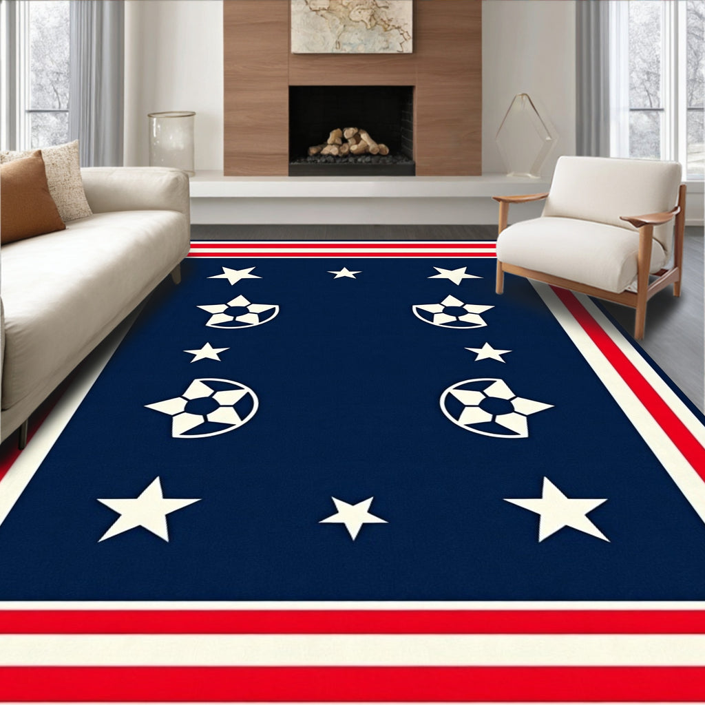 Navy White Red Star Soccer Border Rug