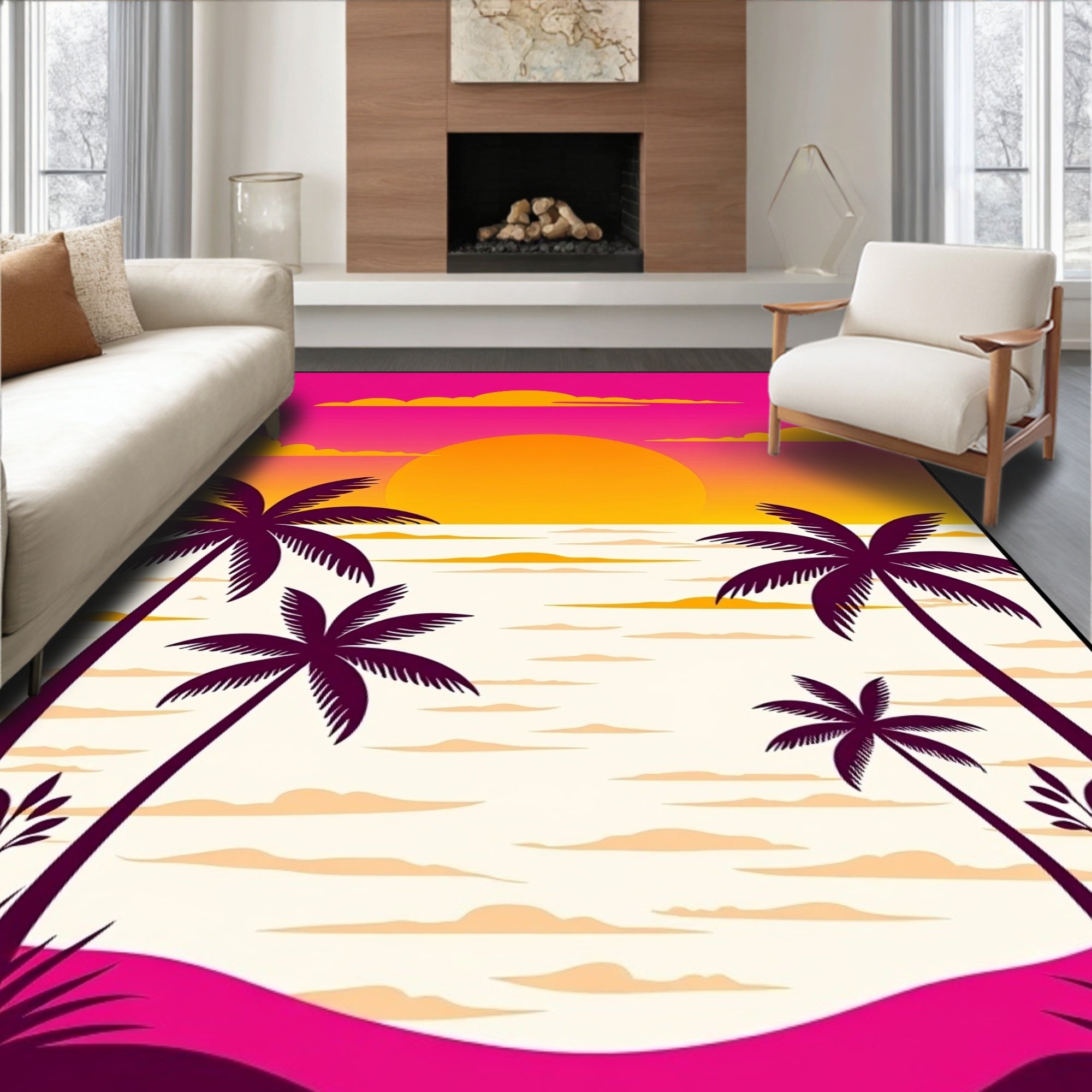 Tropical Sunset Palm Tree Scene Rug