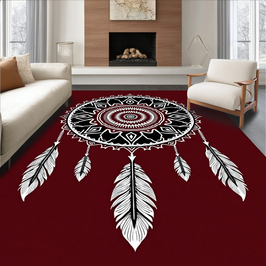 Crimson And White Feather Dreamcatcher Rug