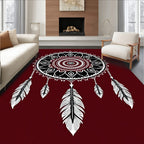 Crimson And White Feather Dreamcatcher Rug