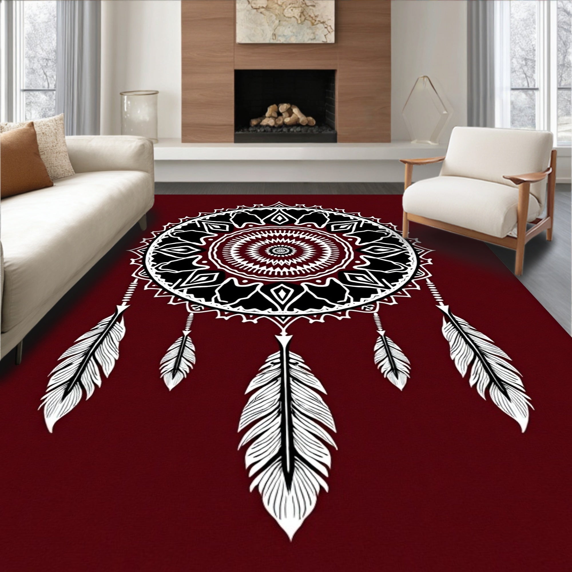 Crimson And White Feather Dreamcatcher Rug