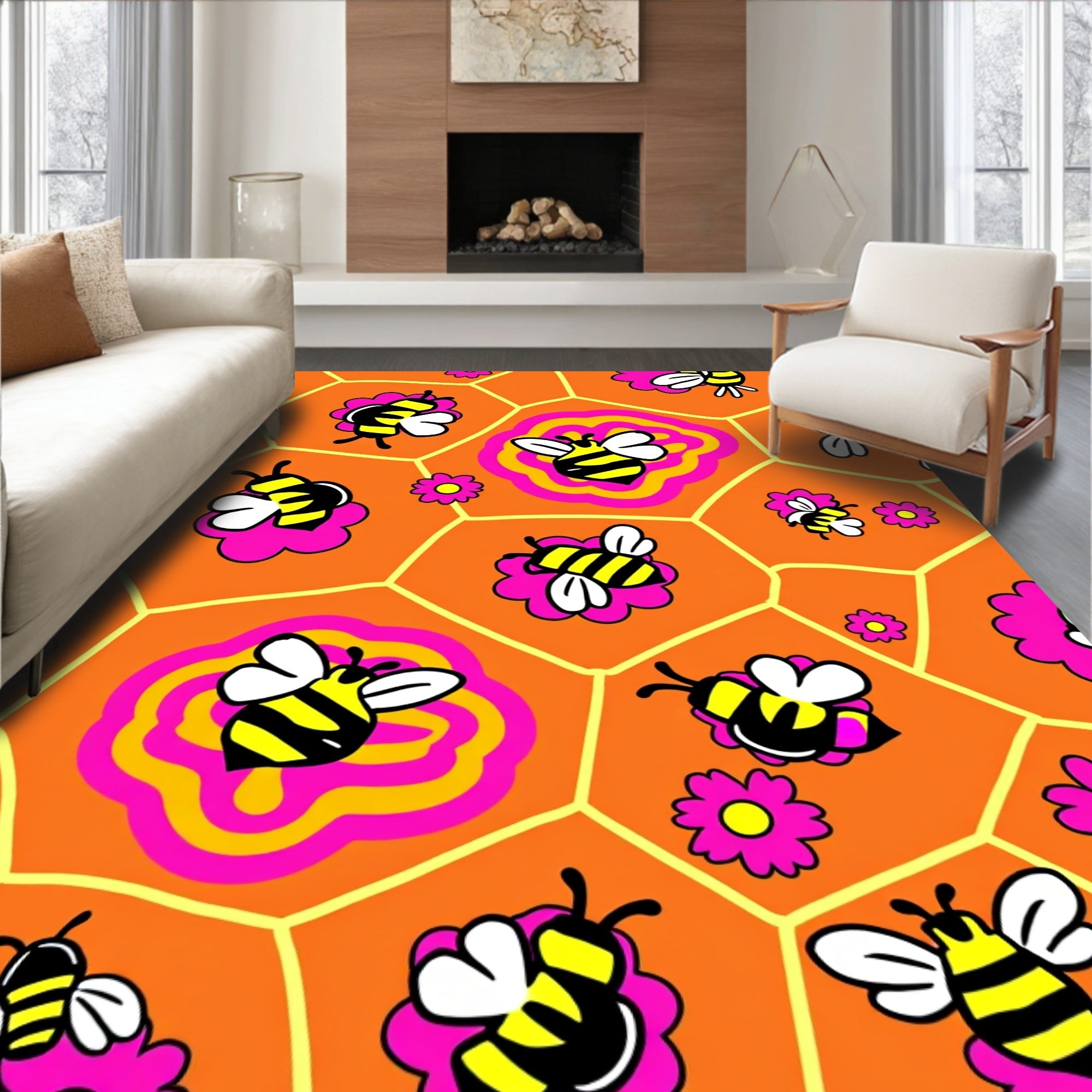 Whimsical Yellow Bee Honeycomb Graphic Rug