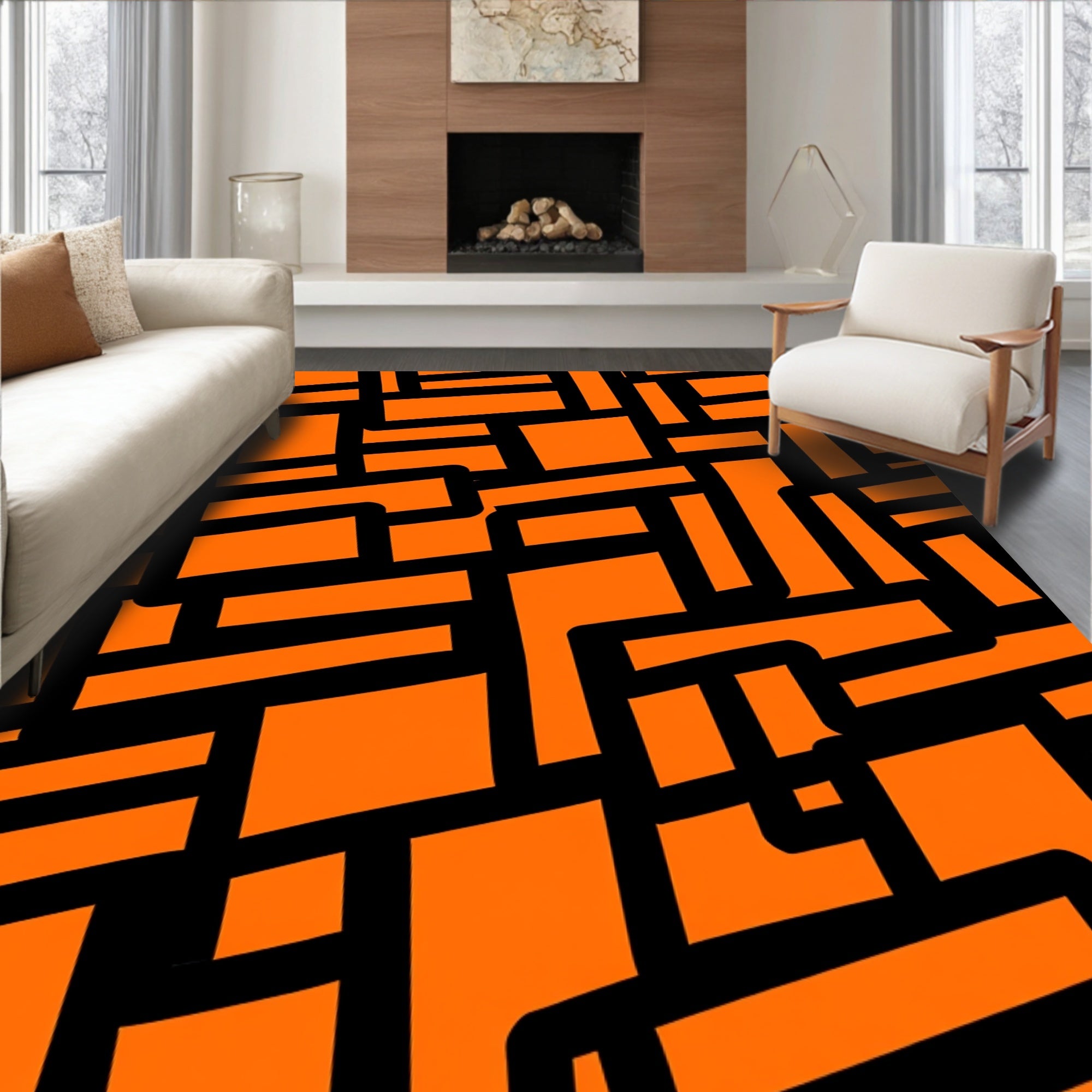 Bright Orange Geometric Labyrinth Rug