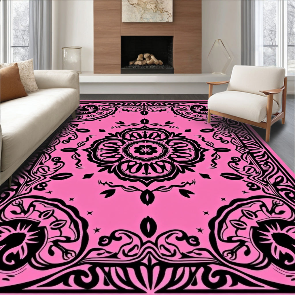 Pink Black Floral Medallion Swirl Rug