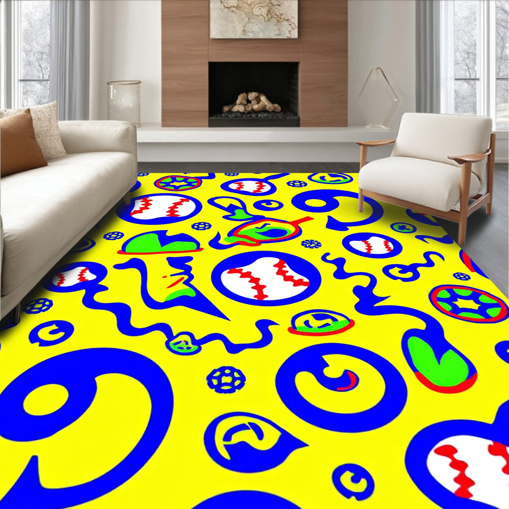 Bold Blue Yellow Baseball Collage Rug