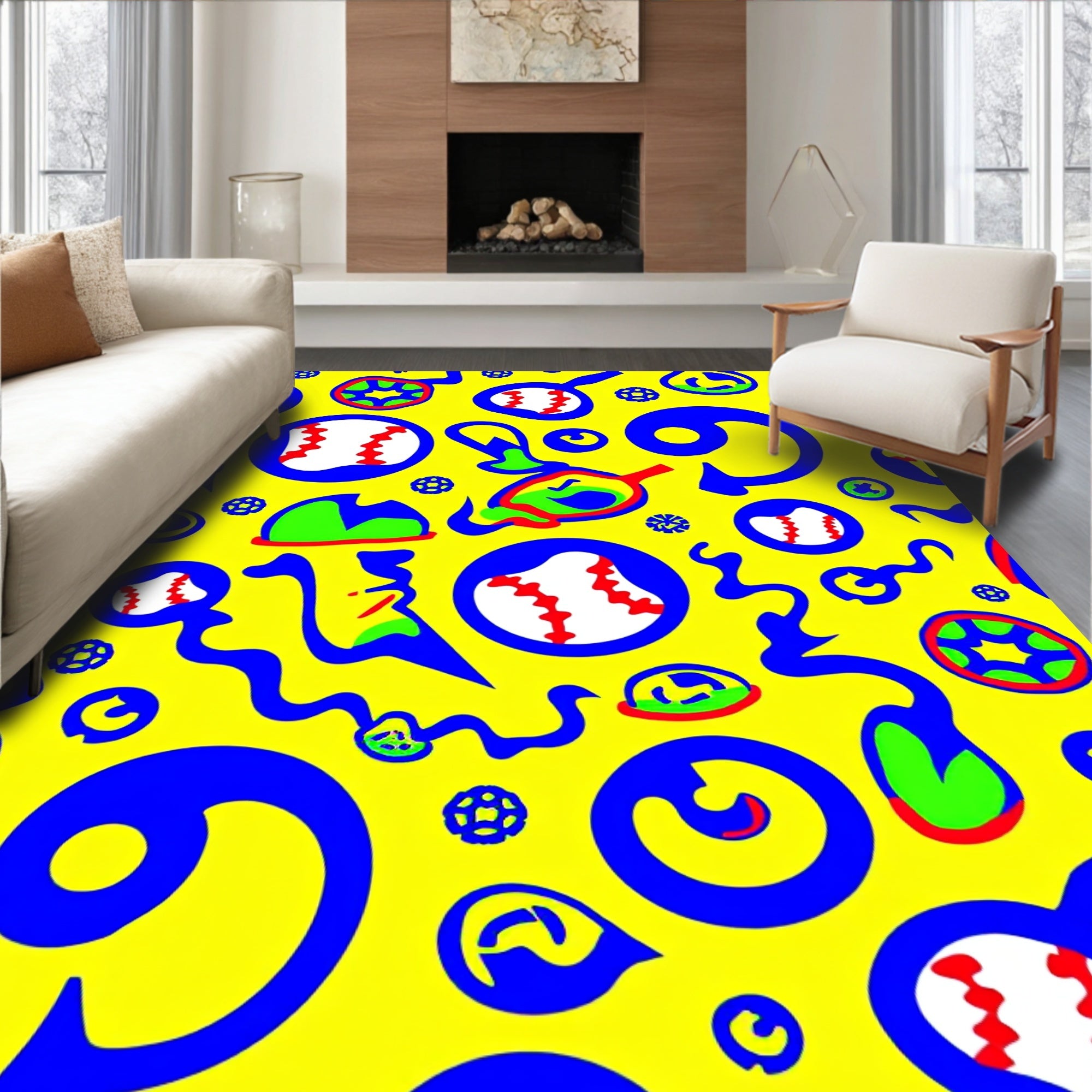 Bold Blue Yellow Baseball Collage Rug