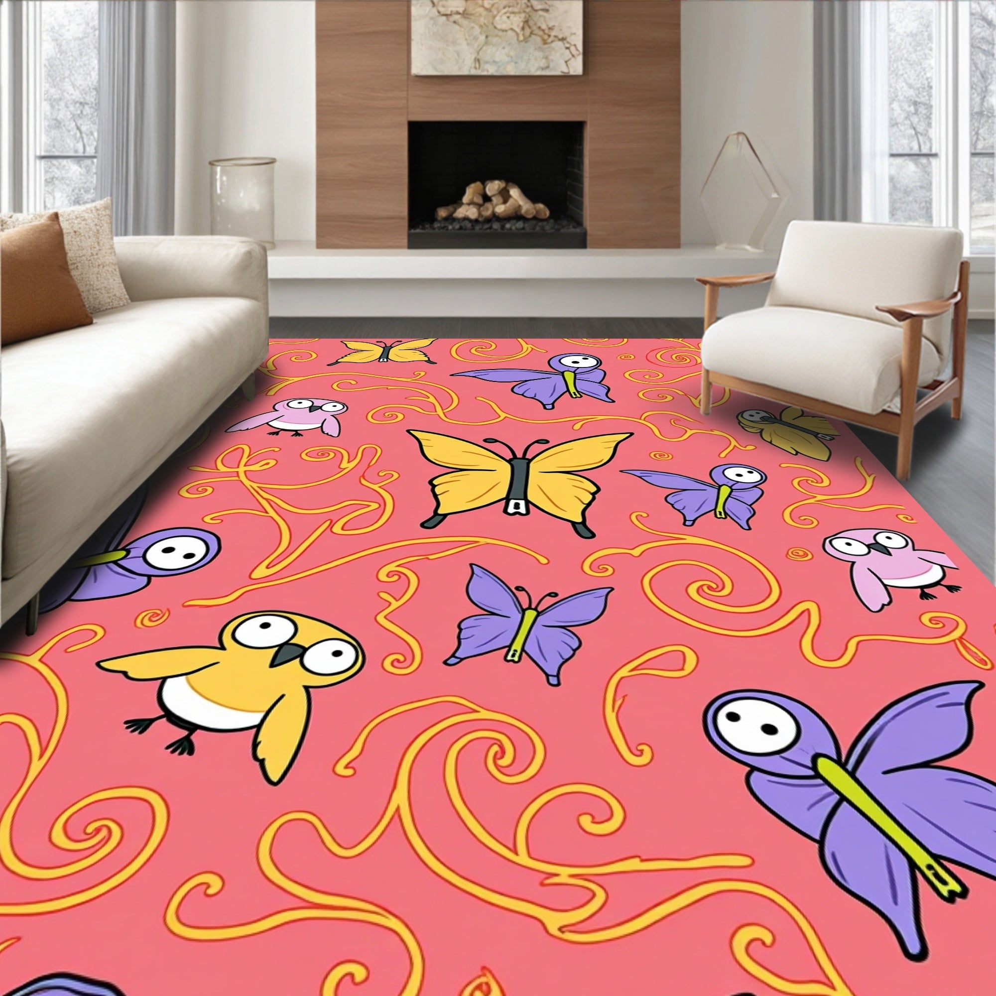 Whimsical Yellow Butterfly Pink Garden Rug