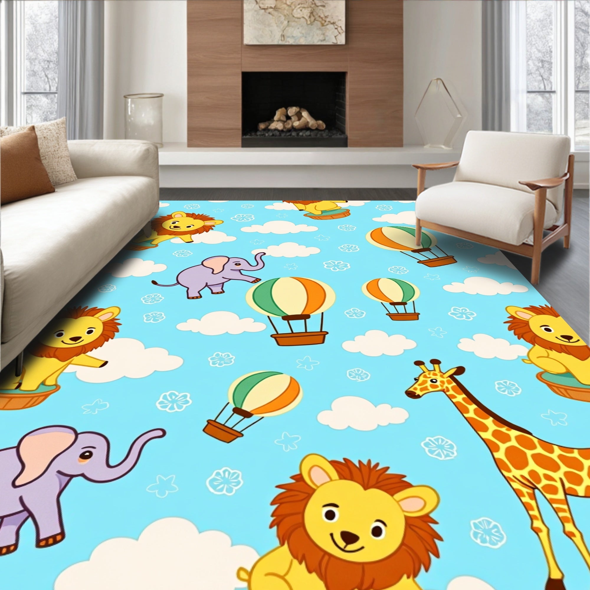 Whimsical Circus Animals Hot Air Balloon Adventure Rug