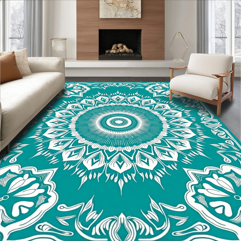 Teal White Intricate Floral Medallion Rug