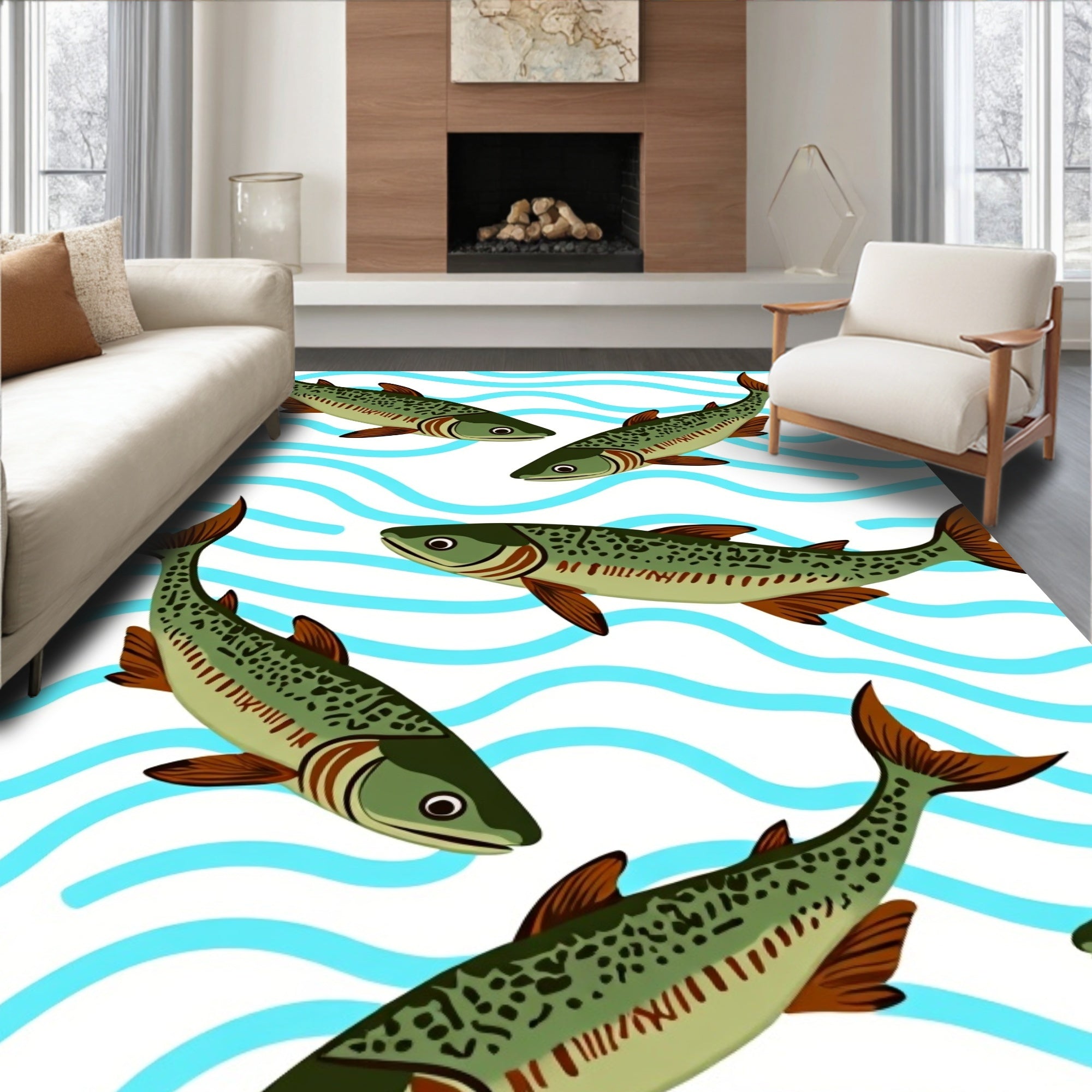 Green Speckled Fish Blue Waves Rug