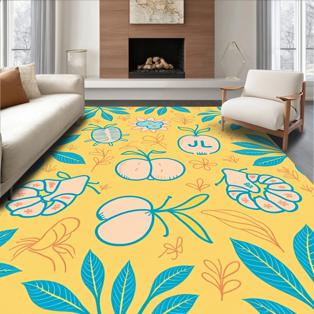 Whimsical Teal Orange Fruit Foliage Rug