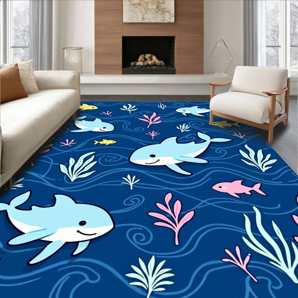 Charming Blue Ocean Dolphin Yellow Fish Rug