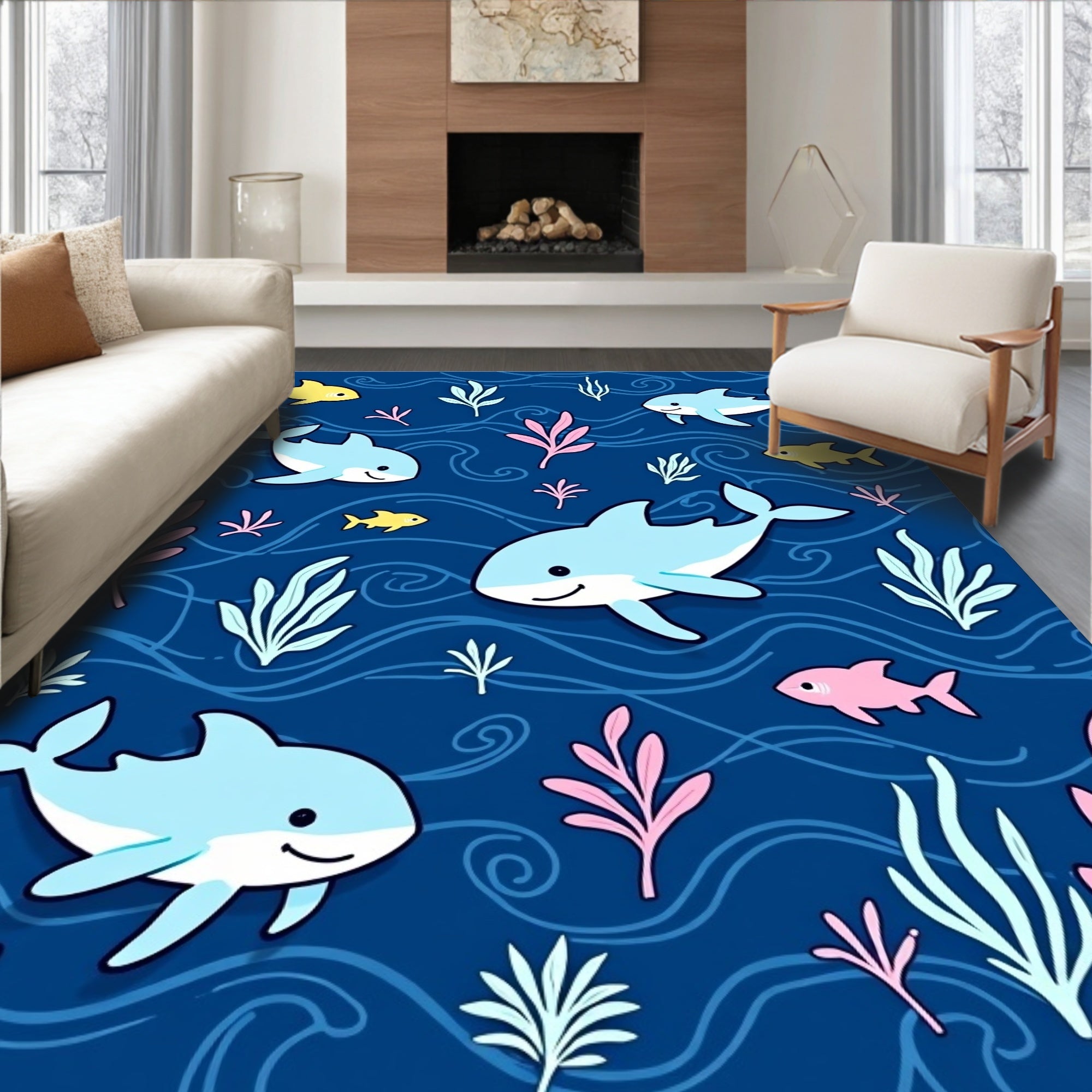 Charming Blue Ocean Dolphin Yellow Fish Rug