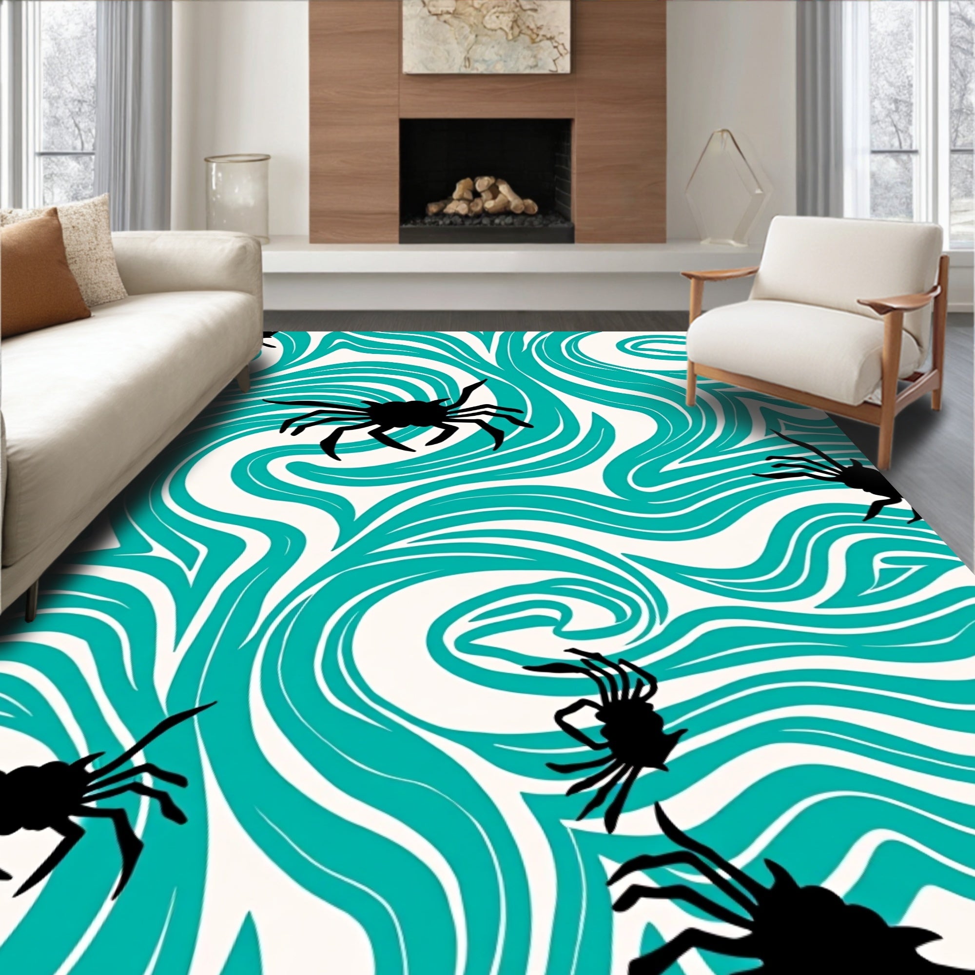 Teal Swirl Black Spider All-over Rug