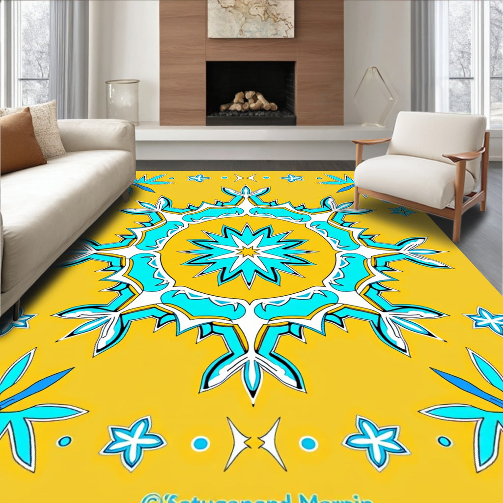 Turquoise Floral Starburst Mandala Rug