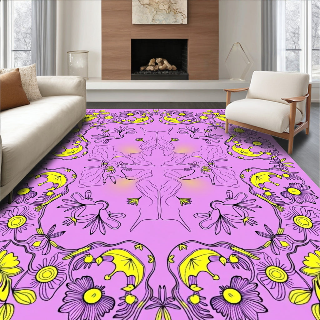 Lavender Yellow Floral Outline Medallion Rug