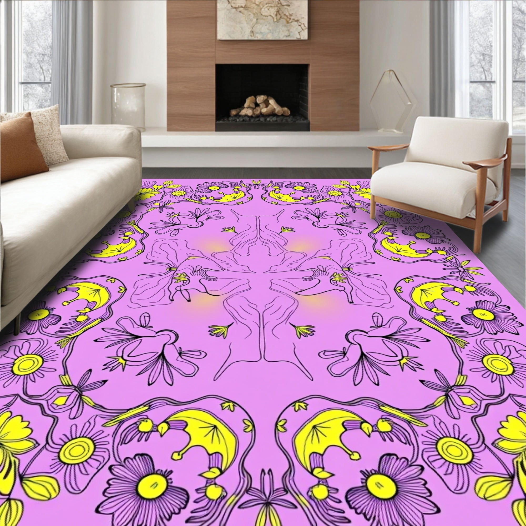Lavender Yellow Floral Outline Medallion Rug