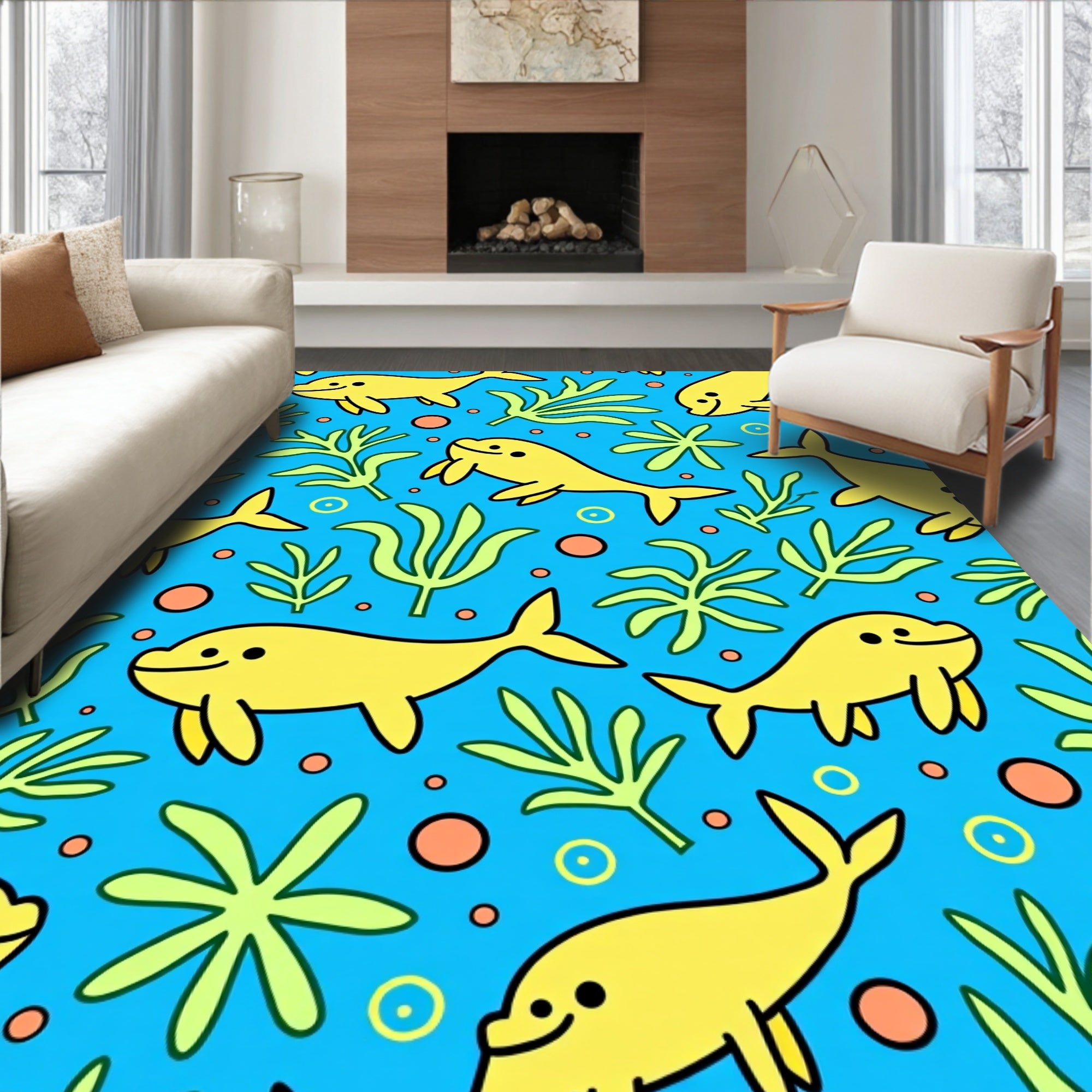 Whimsical Yellow Dolphins Ocean Floor Rug