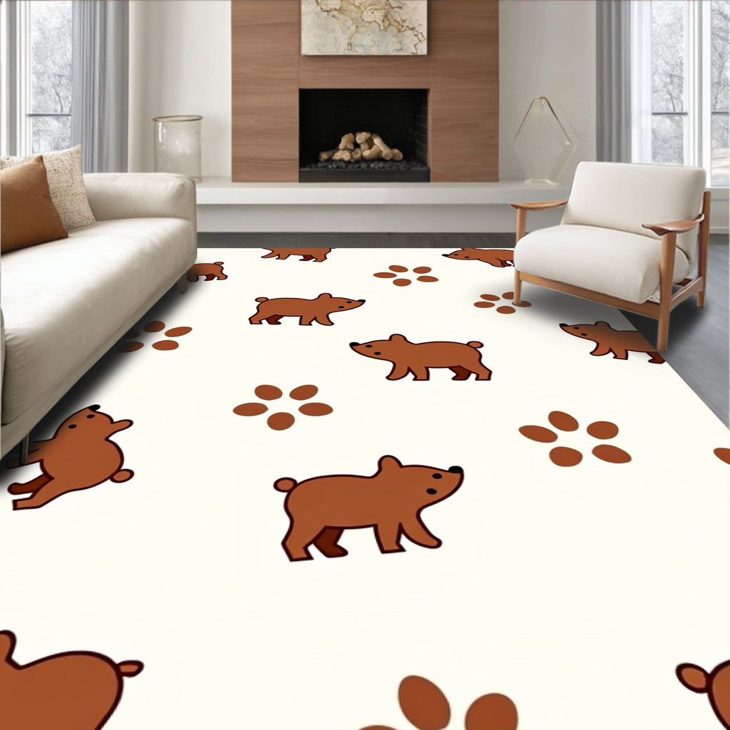 Playful Brown Bear and Paw Print Rug