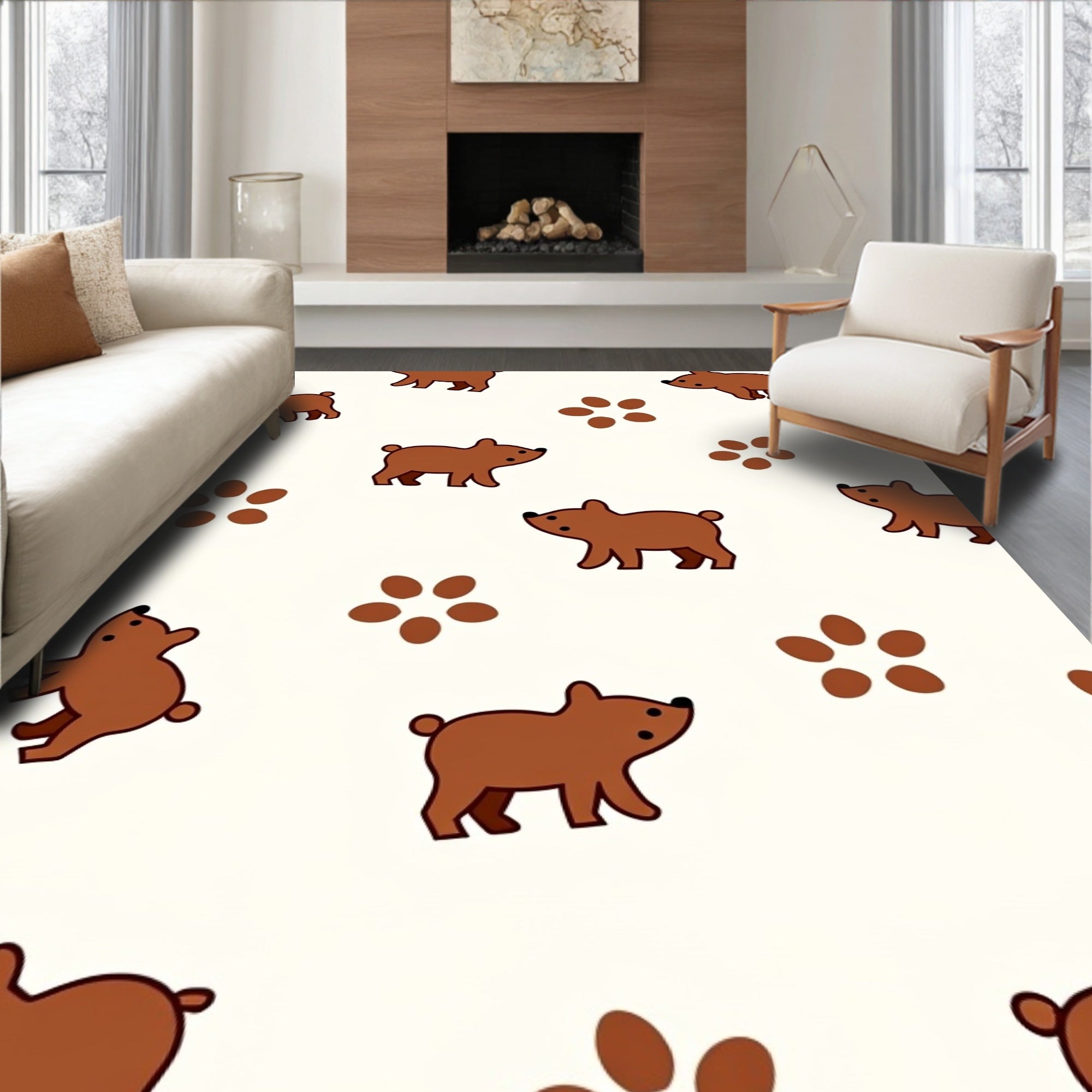 Playful Brown Bear and Paw Print Rug