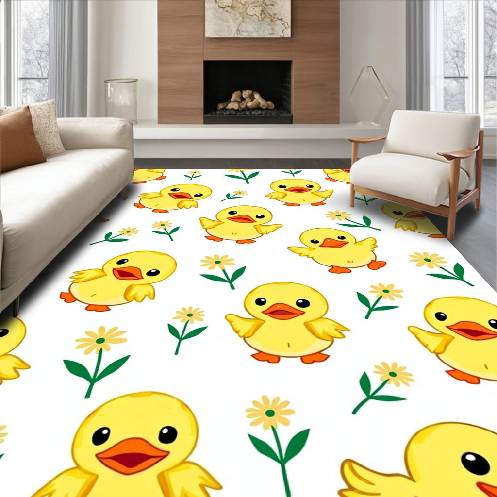 Adorable Yellow Ducklings And Daisies Rug