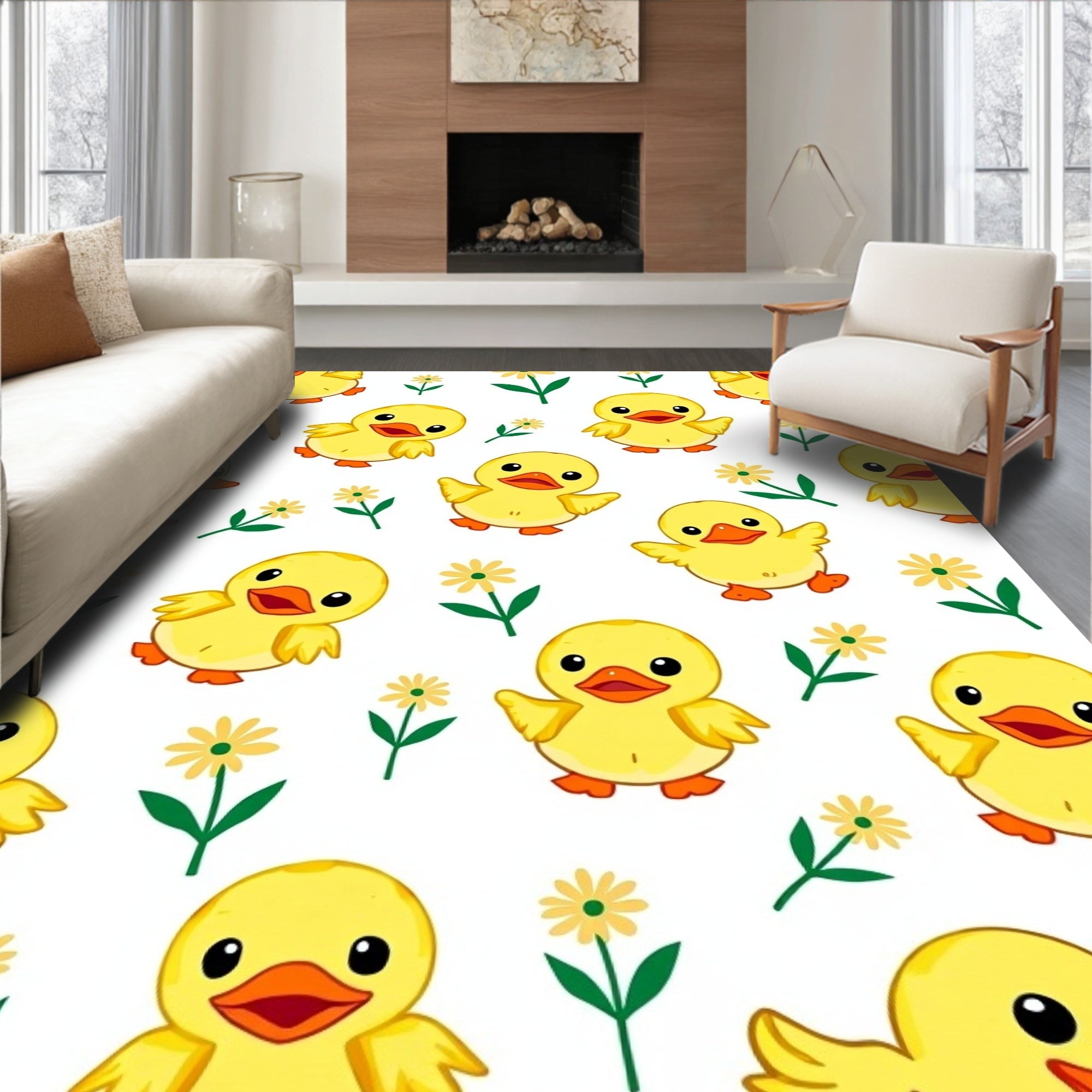 Adorable Yellow Ducklings And Daisies Rug