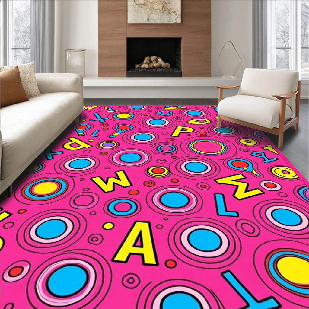 Vibrant Pink Alphabet Circle Collage Rug