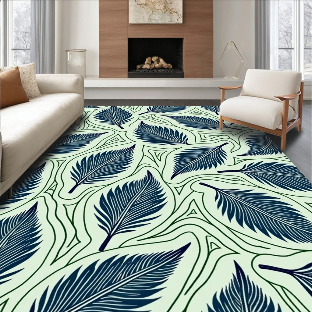 Navy Blue Feather Leaf Pattern Rug