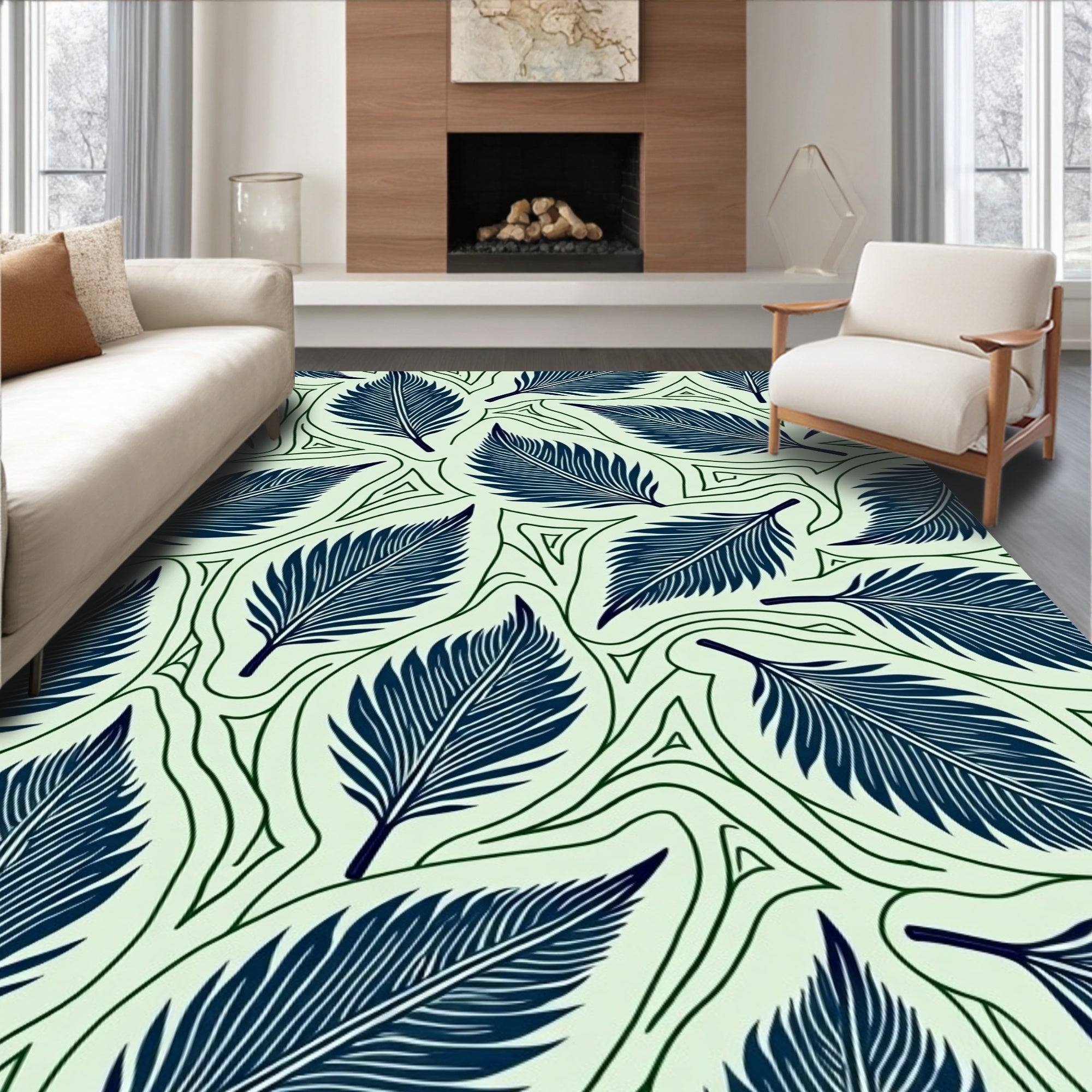 Navy Blue Feather Leaf Pattern Rug