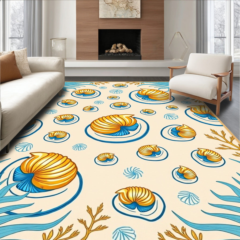 Nautical Gold Nautilus Blue Shells Rug