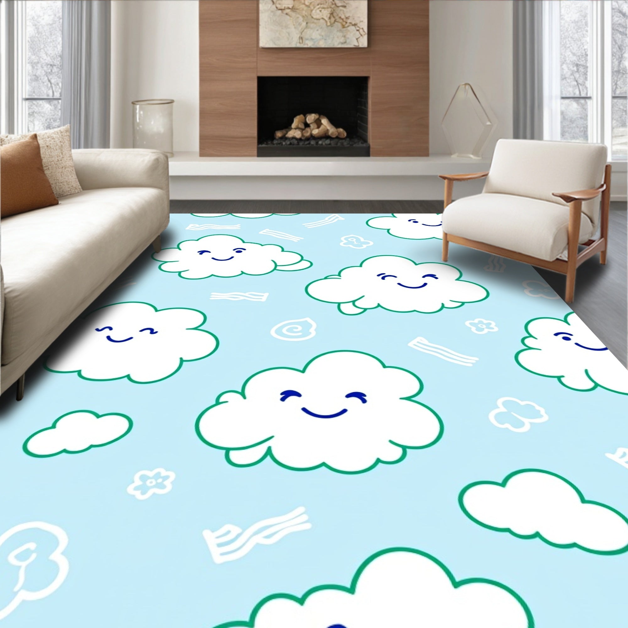 Happy Cloud Blue Sky Whimsical Rug