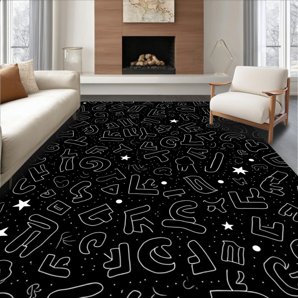 Black White Funky Alphabet Stars Rug