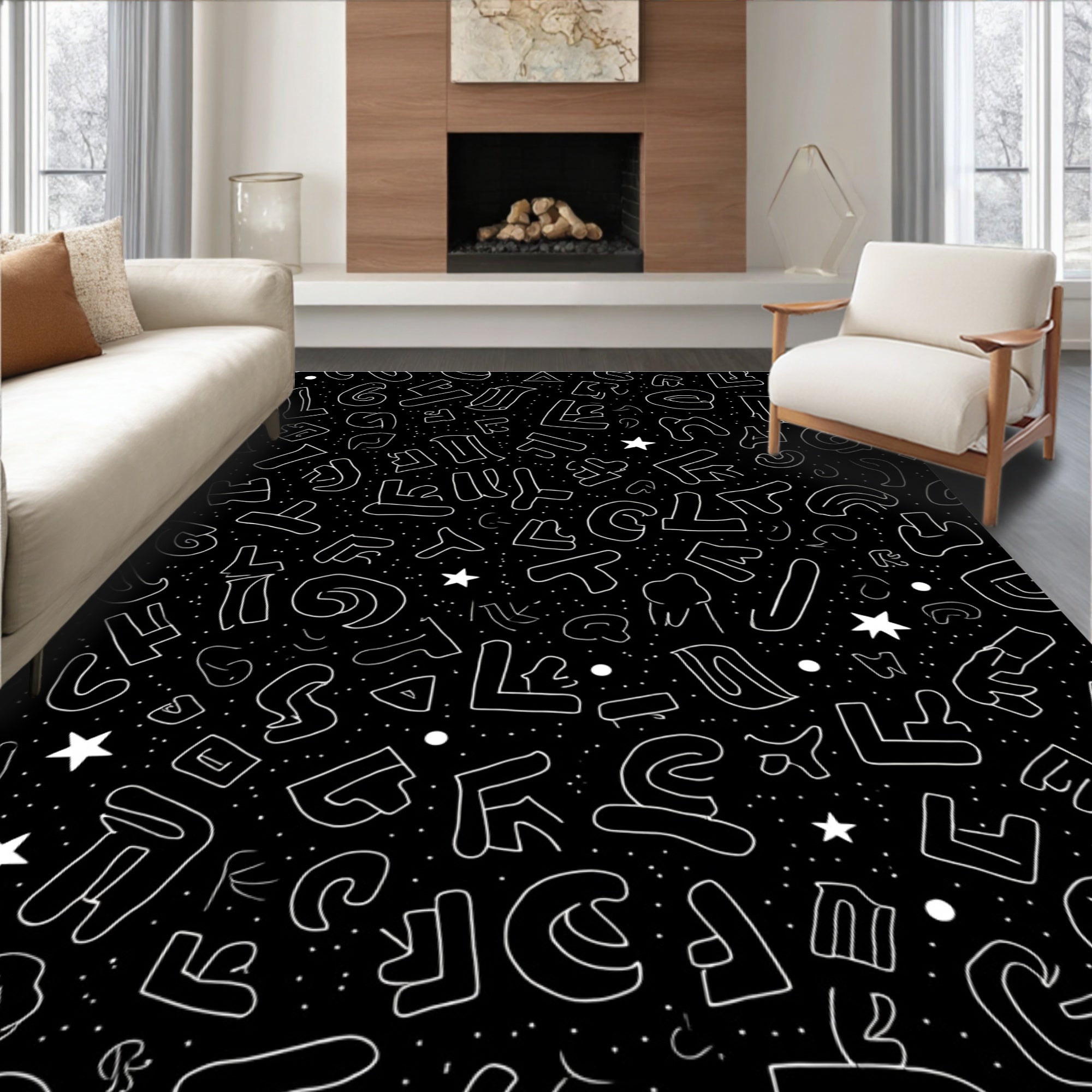 Black White Funky Alphabet Stars Rug