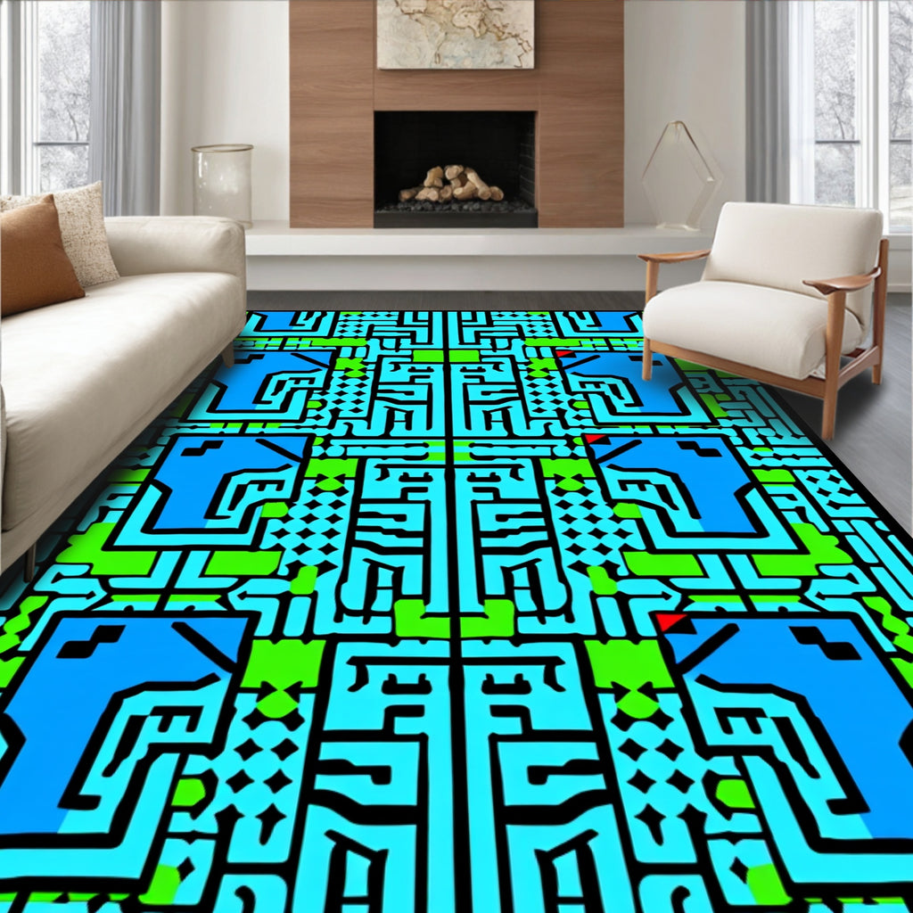 Vibrant Blue Green Abstract Maze Rug