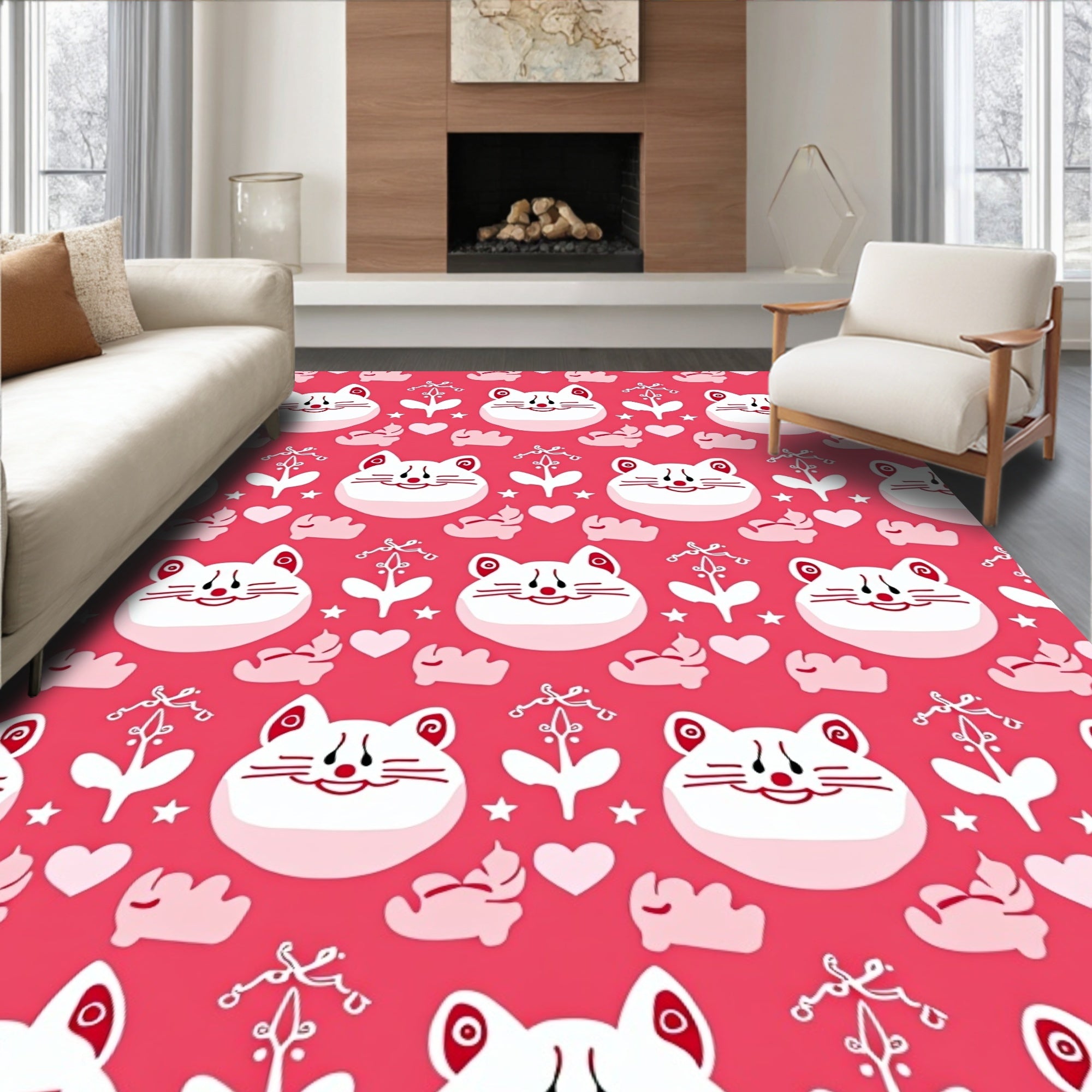Cute White Cats Pink Heart Floral Rug