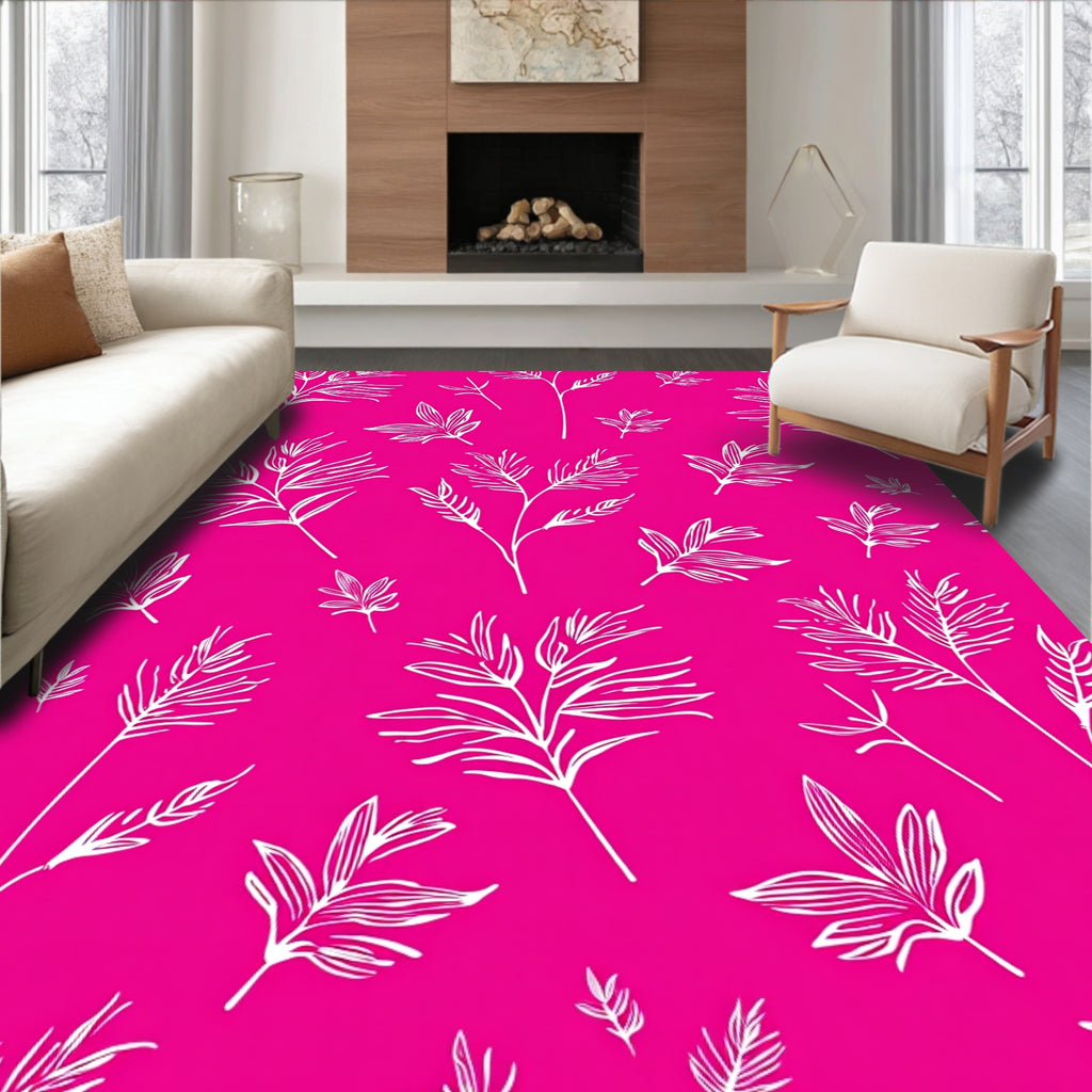 Vibrant Pink White Leafy Whimsy Rug