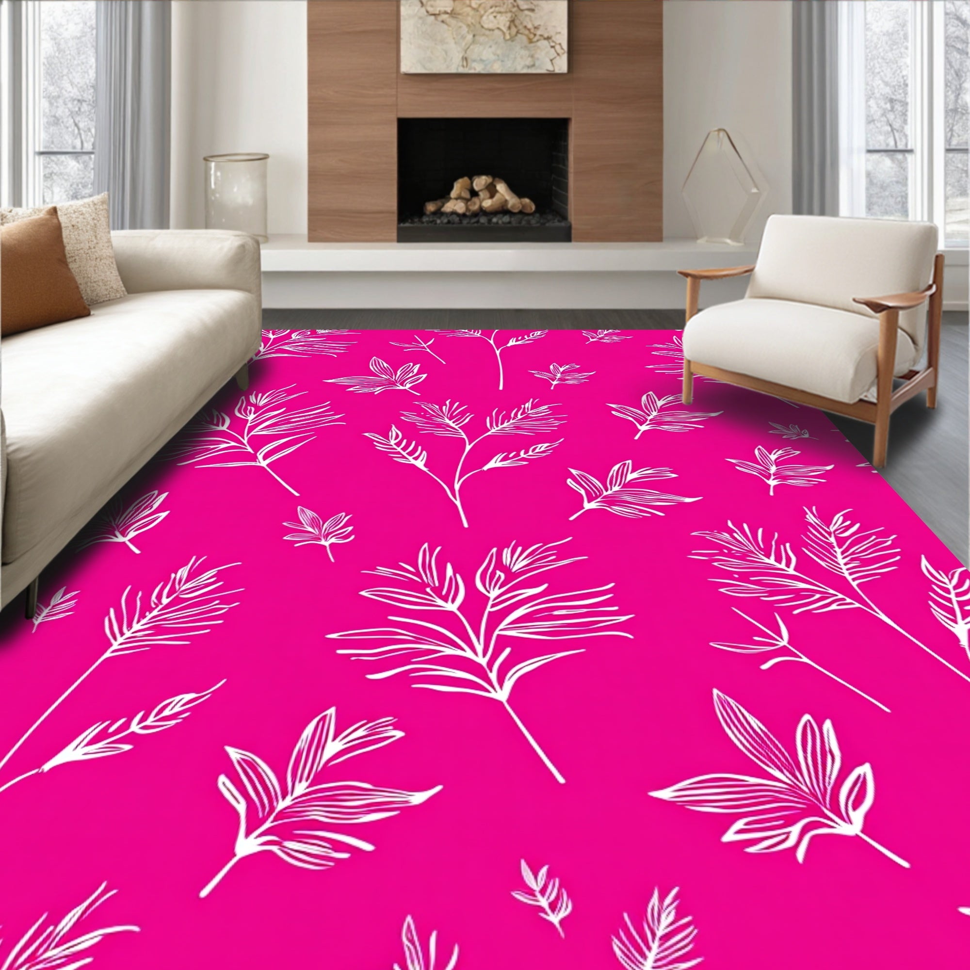 Vibrant Pink White Leafy Whimsy Rug