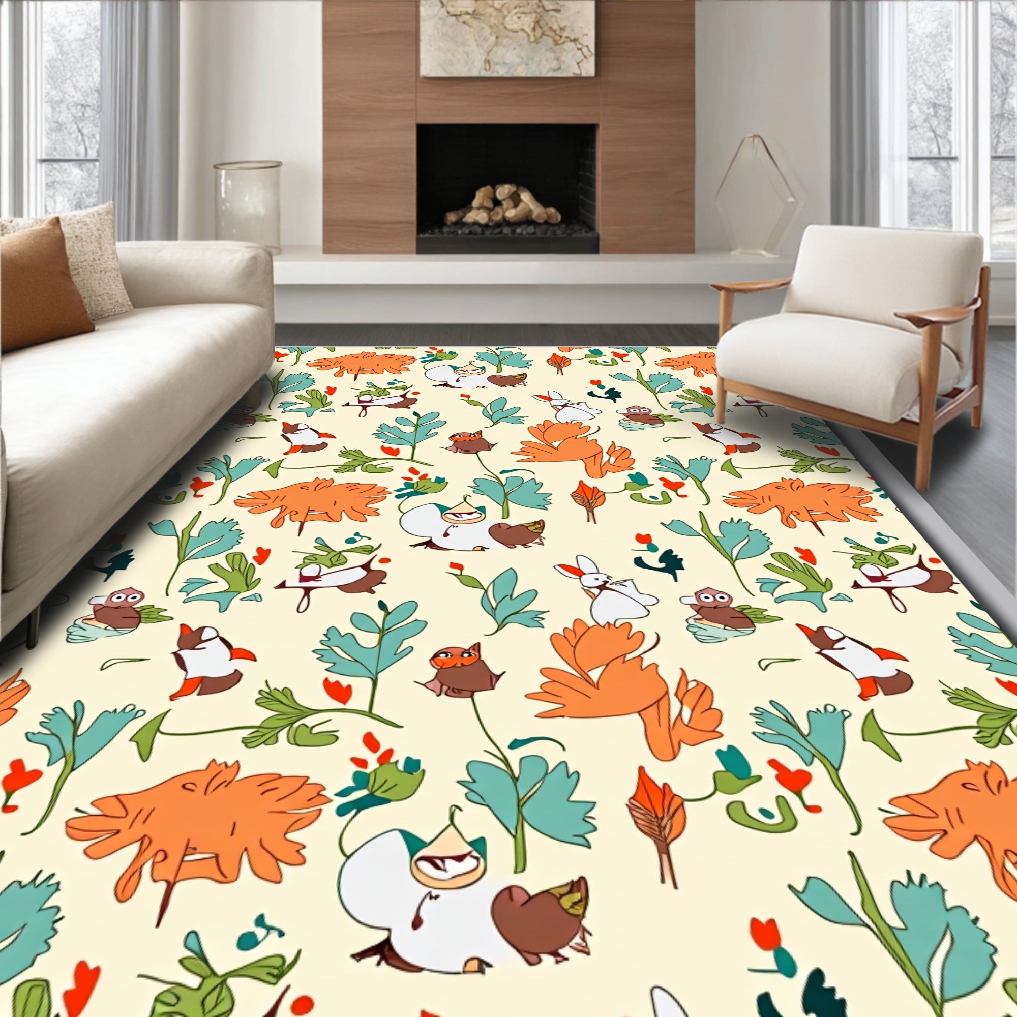 Playful Woodland Animals Whimsical Foliage Rug