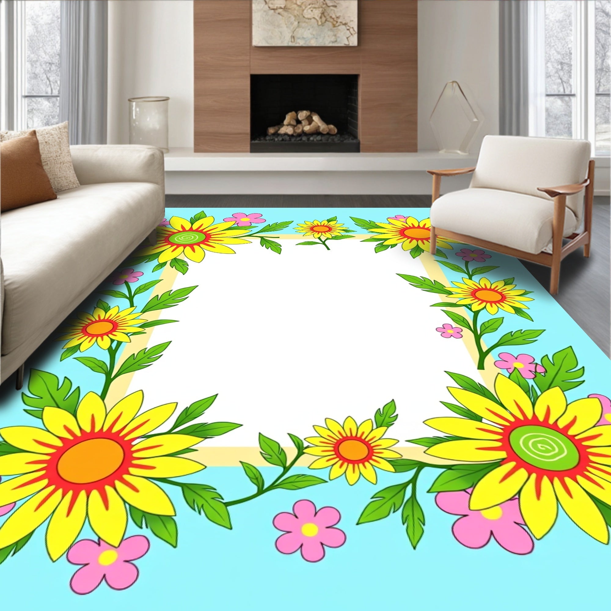 Yellow Sunflower Pink Daisy Garden Border Rug