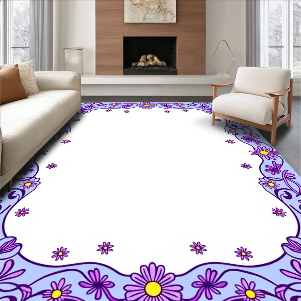 Lavender Purple Daisy Floral Border Rug